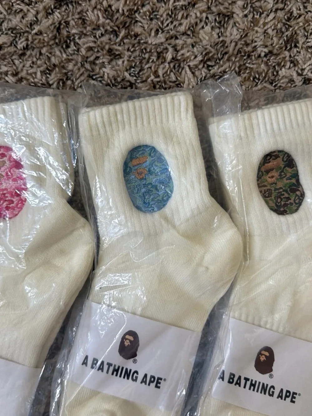 Bape Cream Crew Socks with Pink, Blue & Brown Logo Patches